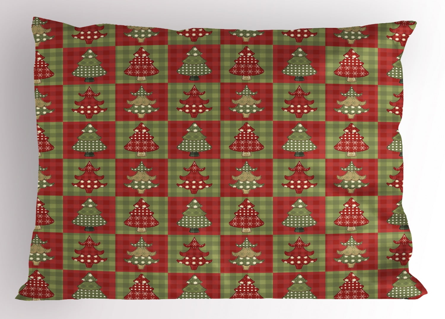 Christmas Pillow Sham Different Styled Noel Trees on Checkered Squares