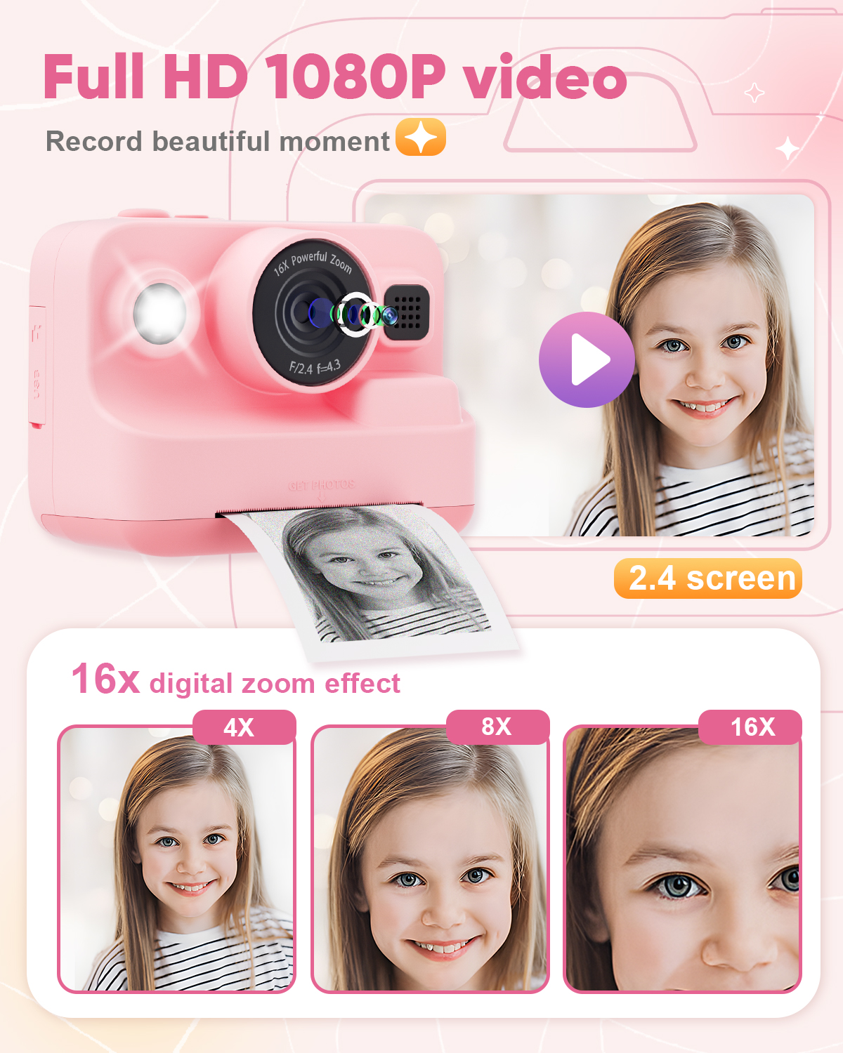 Prysyed Kids Instant Print Digital Camera, 1080P HD, Pink photo 3