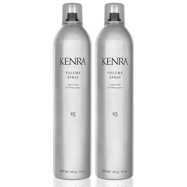 spray para cabello kenra volume spray 25 super hold 50% 480 ml (paquete de 2) Paquete de dos latas frontales, vista centrada y de frente; latas cilíndricas plateadas con texto negro 'KENRA', 'VOLUME SPRAY' y '25' visibles; boquillas negras con tapas transparentes; spray fijador para peinados y volumen; también suele usarse para retocar peinados durante viajes.