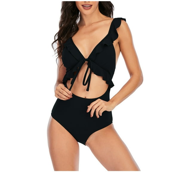 WREESH Women's Tie Front Monokini Swimsuit High Waisted Cutout Bathing Suit Fashion Tummy Control Swimwear 2025 Black
