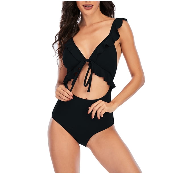 Bikini de Corte Alto de Mujer Bikinis sin Espalda Ajustables de Color Sólido, Traje de Baño Sexy Frenum Flounce con Almohadilla de Pecho