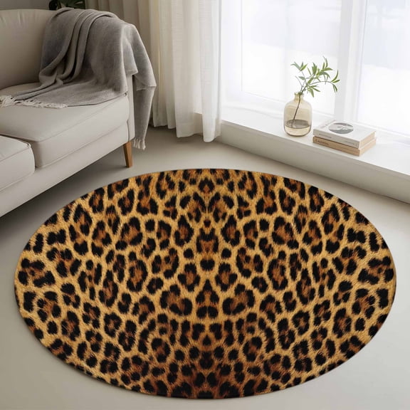 Brown Leopard Print Round Area Rug 4 FT, Non Slip Indoor Outdoor Rug, Classic Abstract Animal Patterned Washable Soft Circular Carpet Non-Shedding Floor Mat for Coffee Table Nursery Foyer Balcony