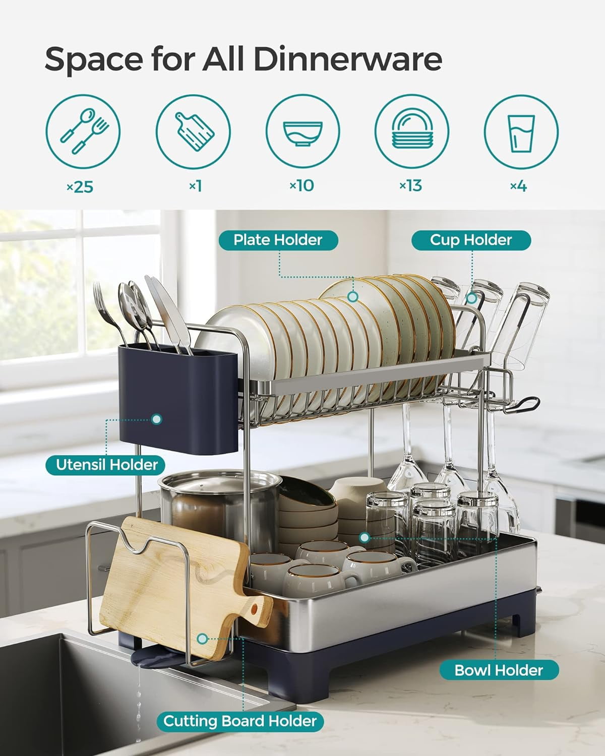 2 Tier Dish Drying Rack, for Kitchen Counter with Rotatable Drain Spout, Silve and Gray