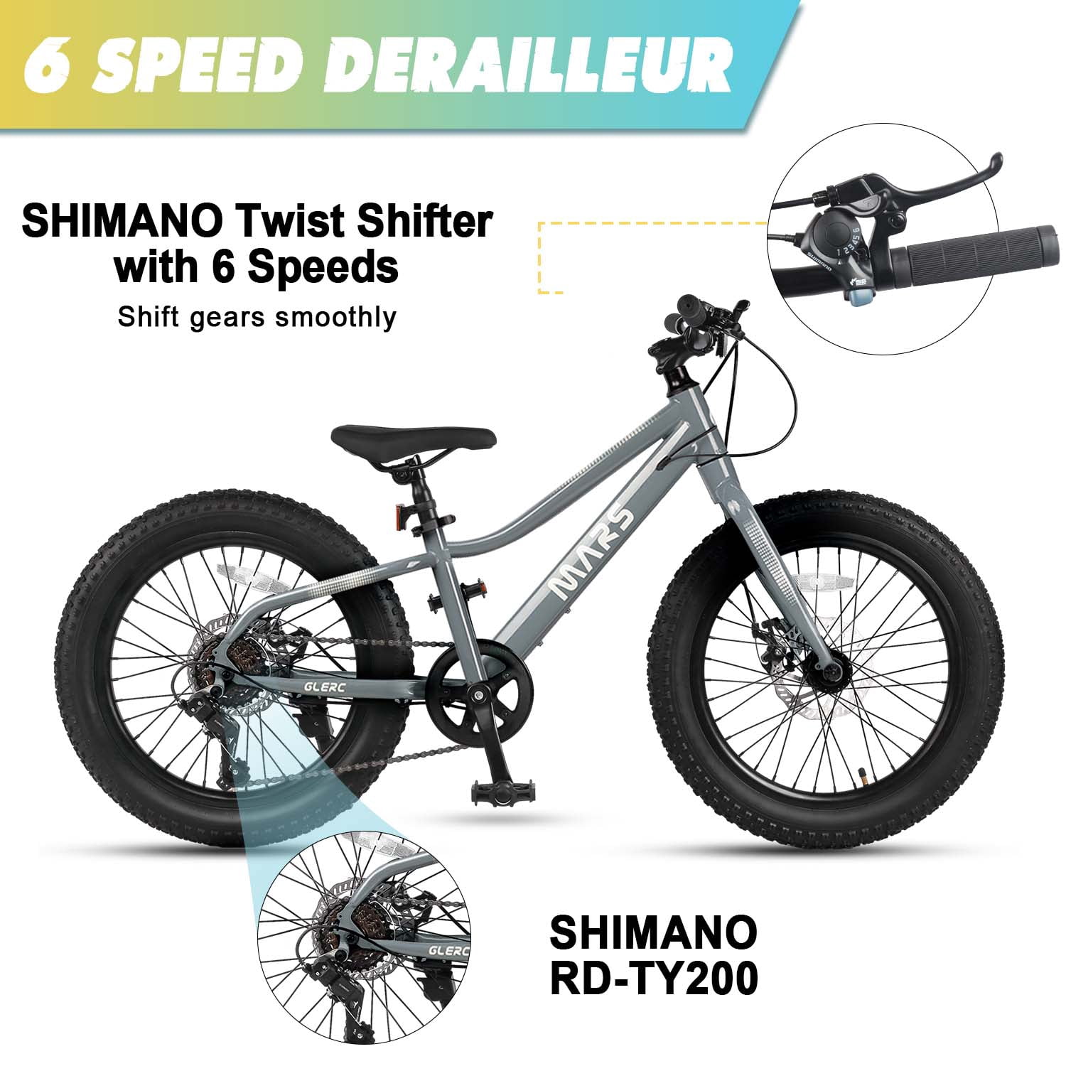 Glerc Mars Kids Mountain Bike, 20 Inch Fat Tire Bike for Teen Ages 6-12 Year Old, Bicycle with 2.8-Inch Wide Tires and 6 Speed Drivetrain,Gray