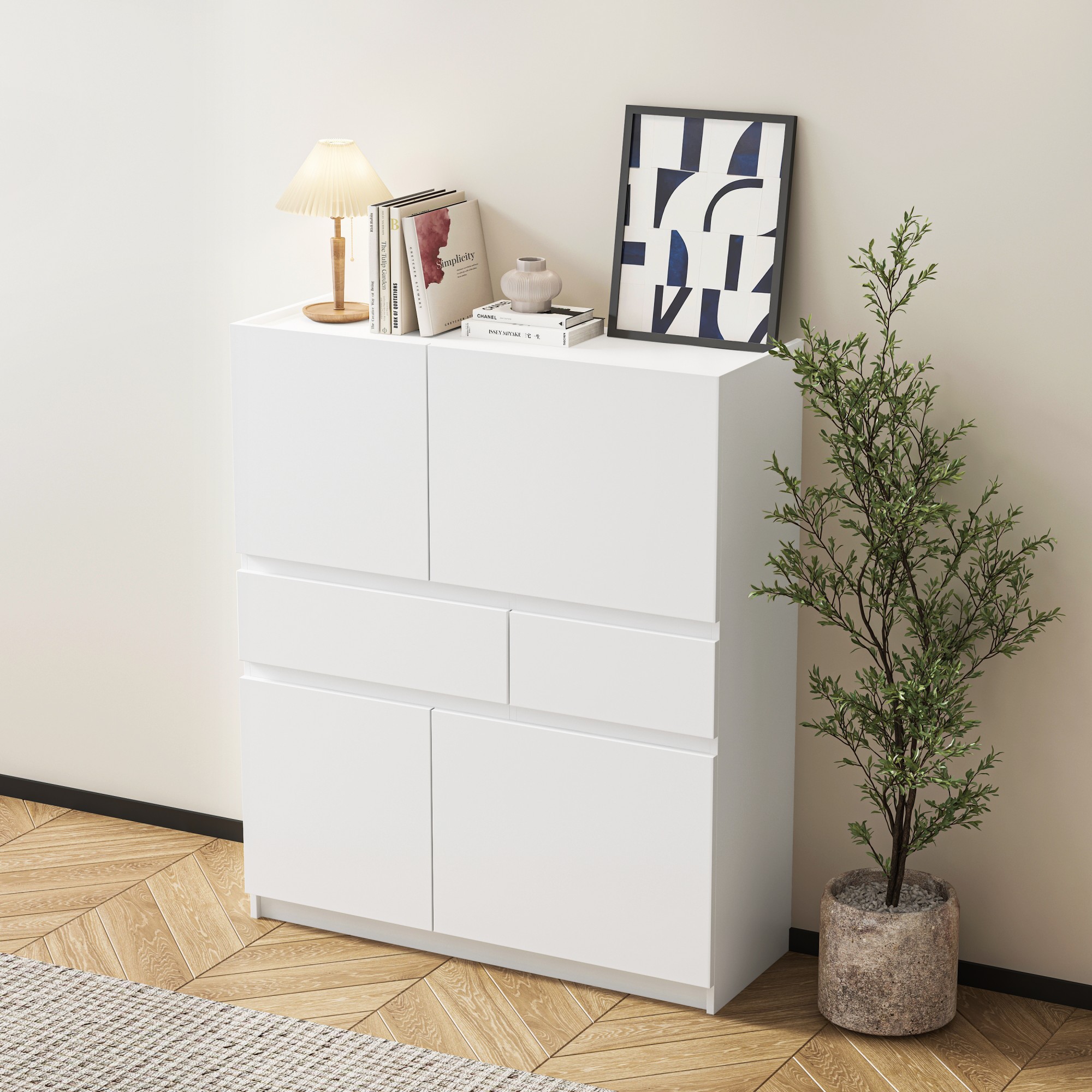 Leumius Wooden Storage Cabinet,Kitchen Pantry Cabinet,Pantry Cabinet with 4 Doors and 2 Drawers for Kitchen,Dining Room,Living Room,White