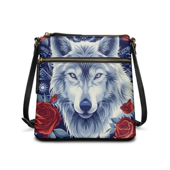 LedBack Wolf Print Leather Shoulder Purse Crossbody Satchel Purse for Women Multi Pocket Hobo Bag Messenger Bag with Adjustable Strap for Shopping Travel, Blue