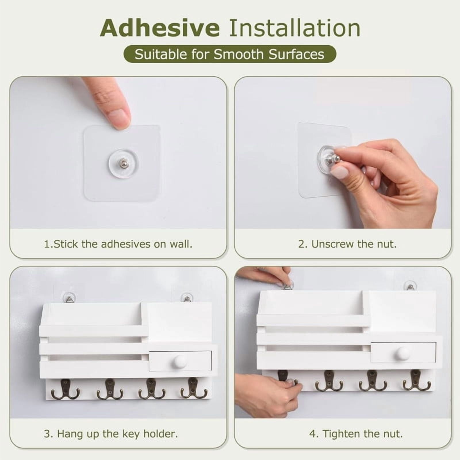 Key Holder Wall Mount, Wooden Adhesive Mail and Key Organizer with Drawer, Small Shelf, 8 Hooks, 2 Installation Methods, White