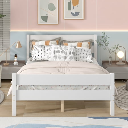 Wood Kids Full Platform Bed Frame with Headboard and Footboard for Boys Girls Teens Adults  White  LJ798
