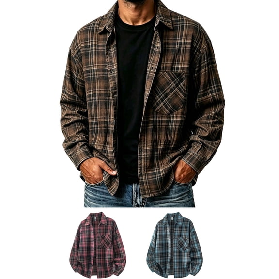 Big & Tall Men Button-up Shirts Plaid Lapel Collar Long Sleeve Loose Fit Fall Casual Basic Daily Lightweight Tops M-5XL