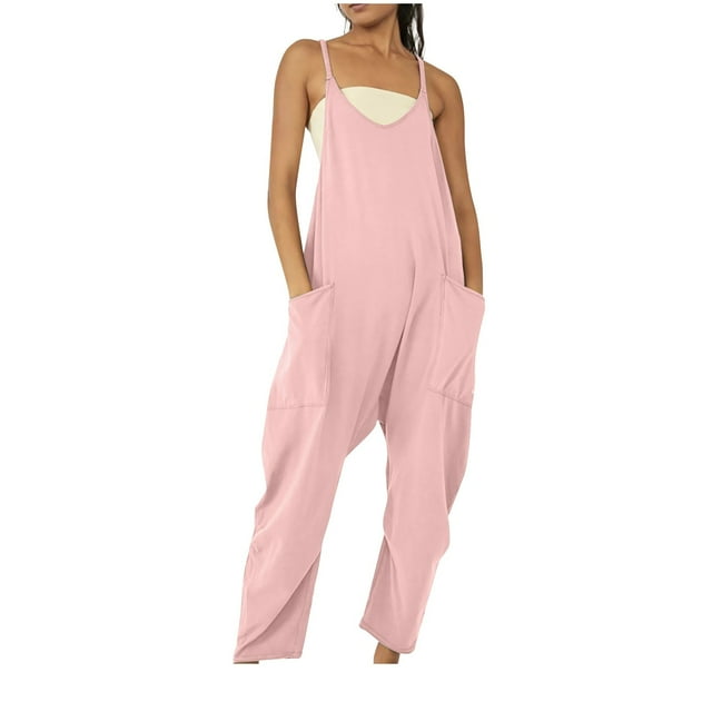 Womens Rompers for Summer Basic Pure Color Romper with Pockets Casual Loose Harem Jumpsuits Soft Lightweight Overalls V Neck Bib Overall