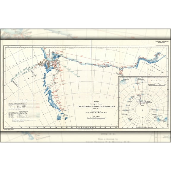 24"x36" Gallery Poster, 1904 Antarctic Expedition Map of Victoria Land and King Edward VII Land, Antarctica robert falcon scott, ernest sh