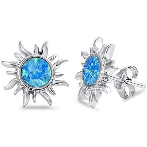 Sterling Silver Blue Created Opal Sun Stud Earrings for Adult Women Teens - 14mm