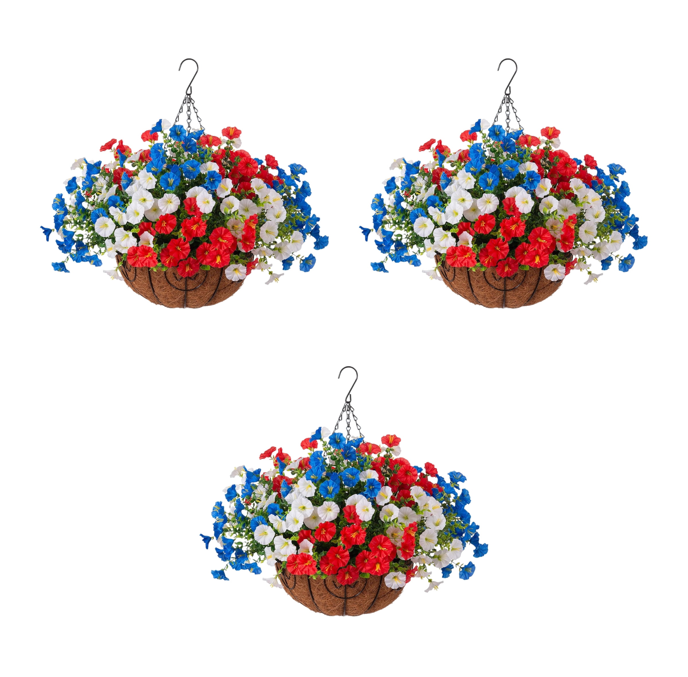 UV Resistant Artificial Flowers, Patriotic Red White Blue Faux Flowers, Outdoor Hanging Basket Decor for Porch Patio, Summer Decoration