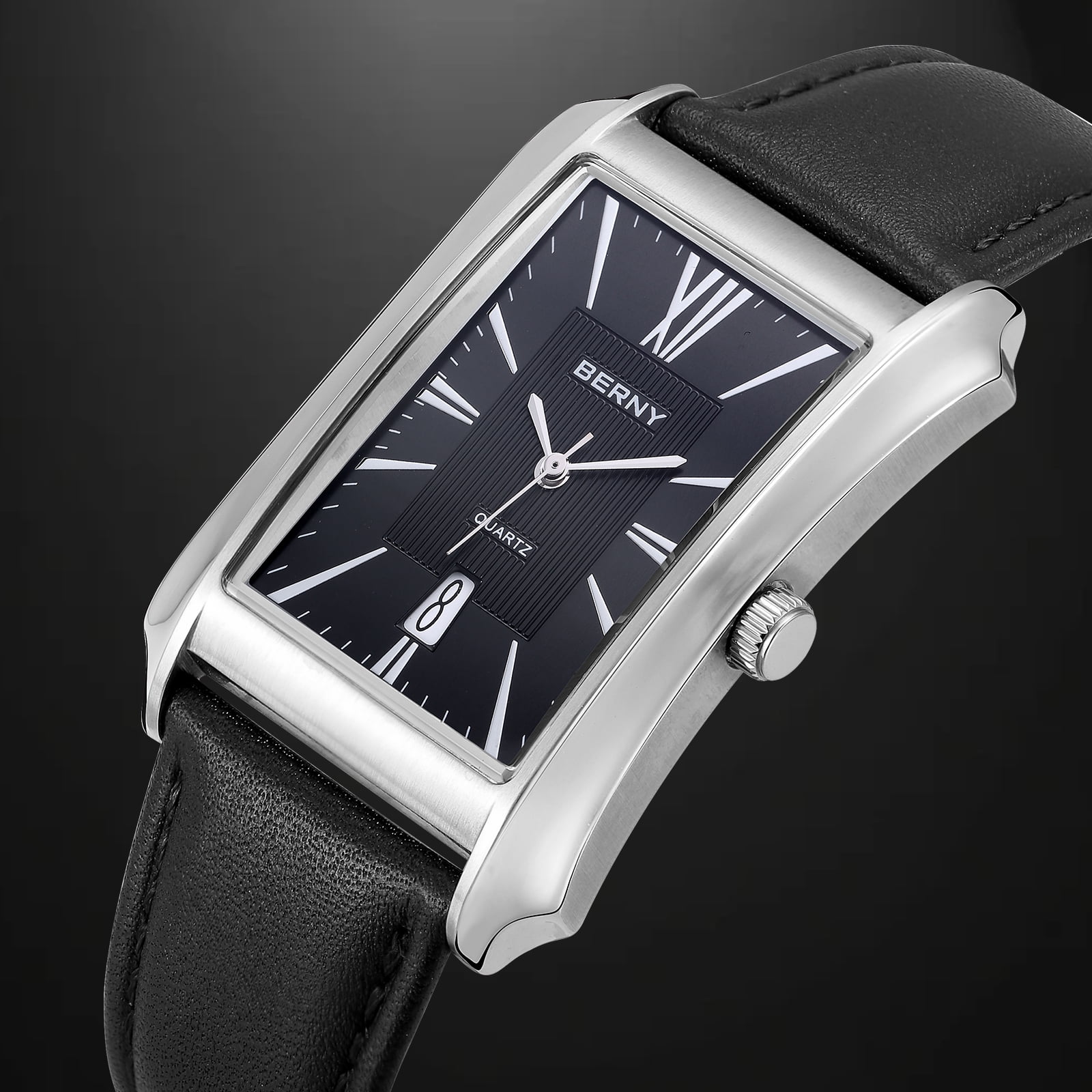 BERNY Men's Leather Watch, Vintage Stainless Steel Rectangular Case Roman Dial Dress Analog Watch with Date Calendar, Waterproof, Classic Business Quartz Wrist Watches for Men (Black)