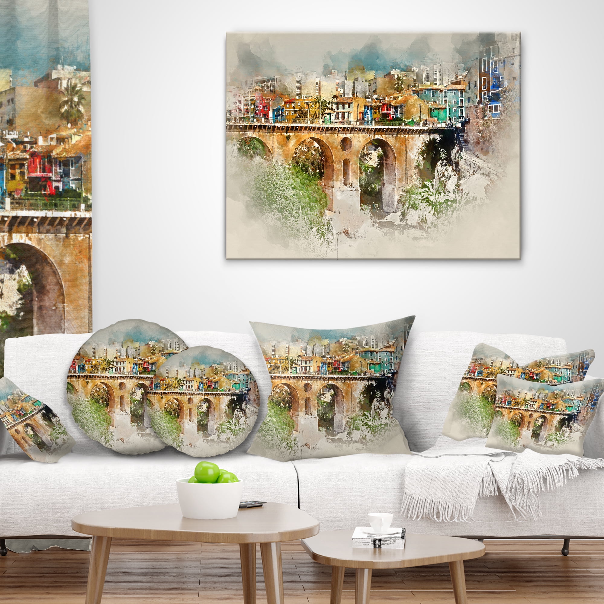 Designart Villajoyosa City Digital Art Bridge - Cityscape Throw Pillow - 18x18