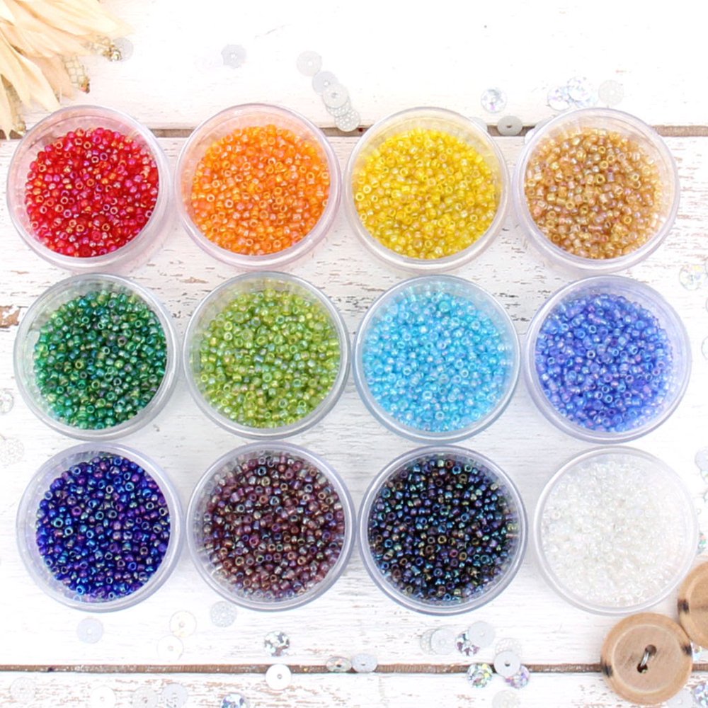 Threadart 12 Color Set of Glass Seed Beads - Size 12, Round 2mm - 10800