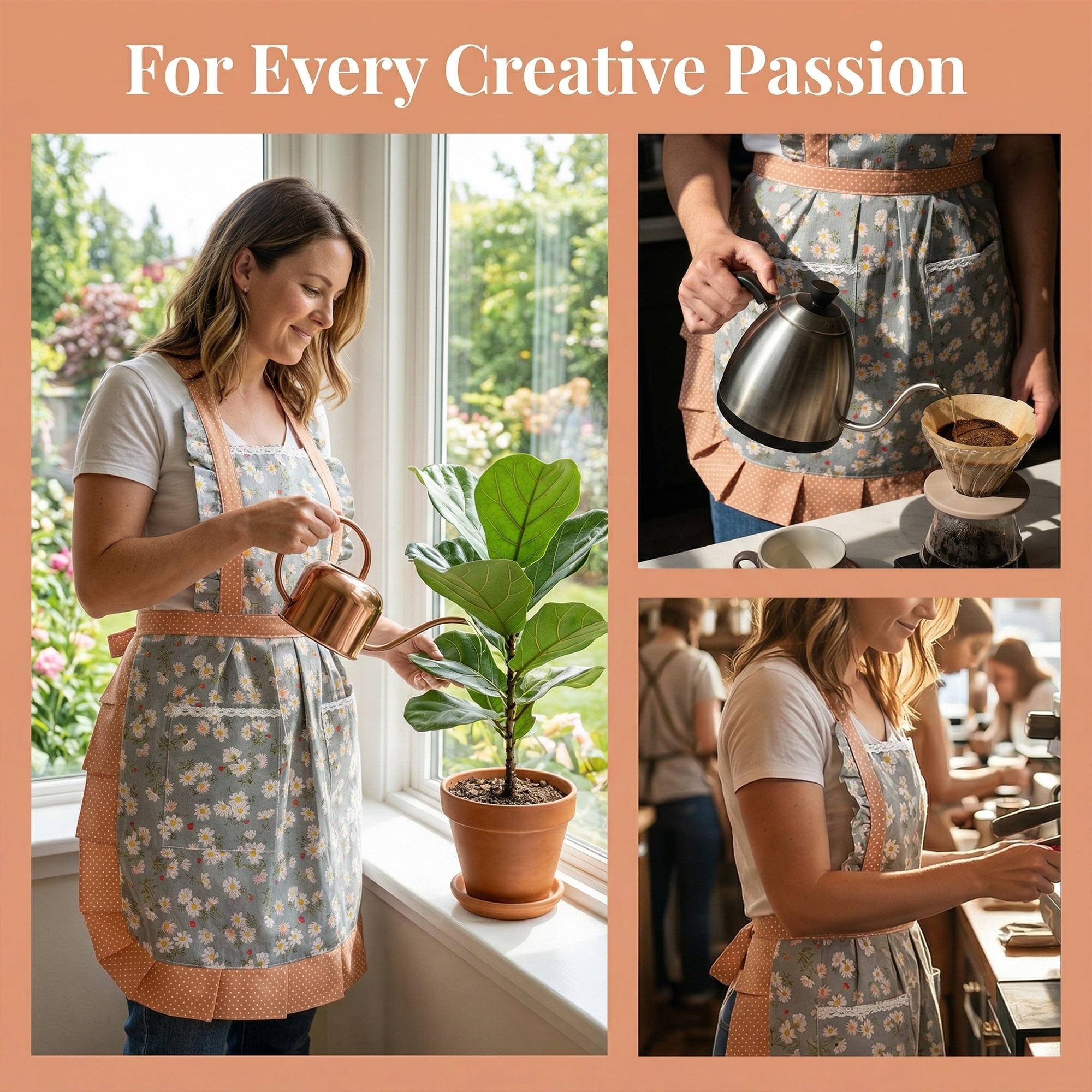 Unique Bargains Durable Floral Kitchen Apron with Pockets and Adjustable Tie Light Blue