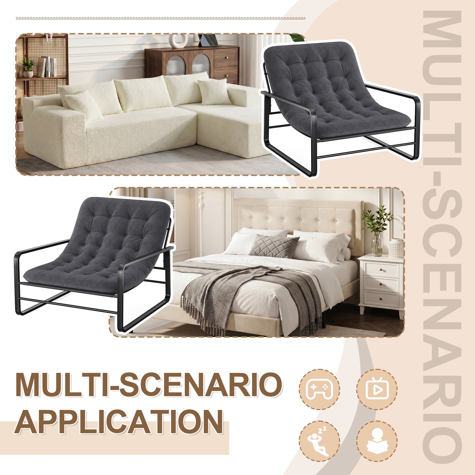 MAYEERTY 41.7" Gray Boucle Metal Frame Accent Chair, 350LBS High Density Sponge Lounge Chair for Living Bedroom Balcony