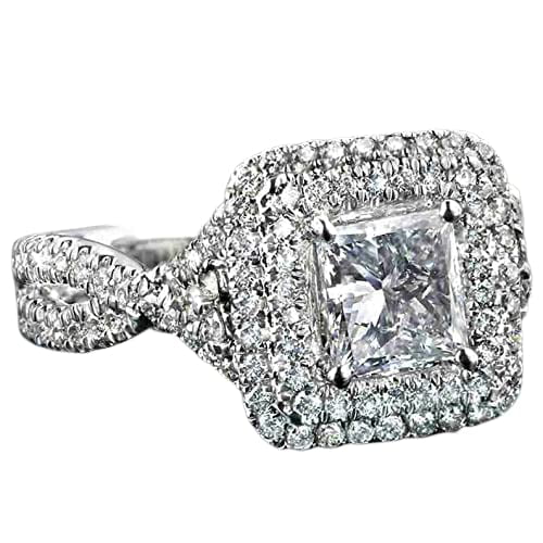 HeartsAndYou 3ct Princess Moissanite Engagement Ring for Women Split Shank Dual Halo 18k White Gold over Silver