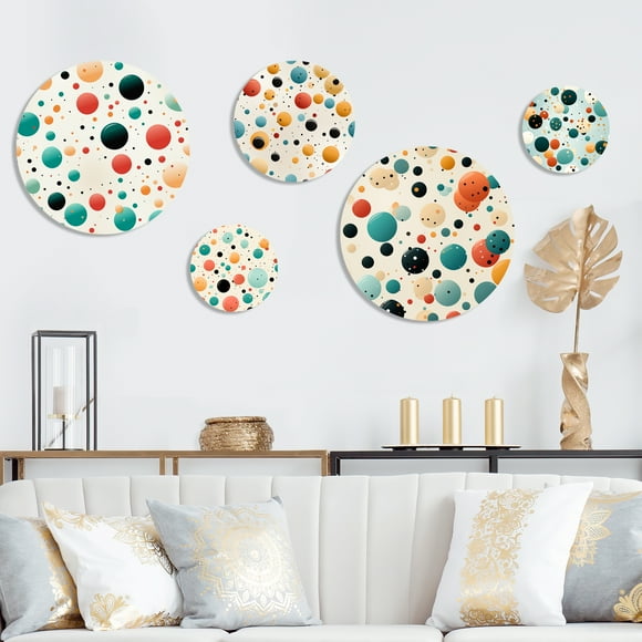 Designart "Revived Retro Polka Dots" Modern Metal Wall decor Set Of 5 - Pink Metal Wall Art For Living Room