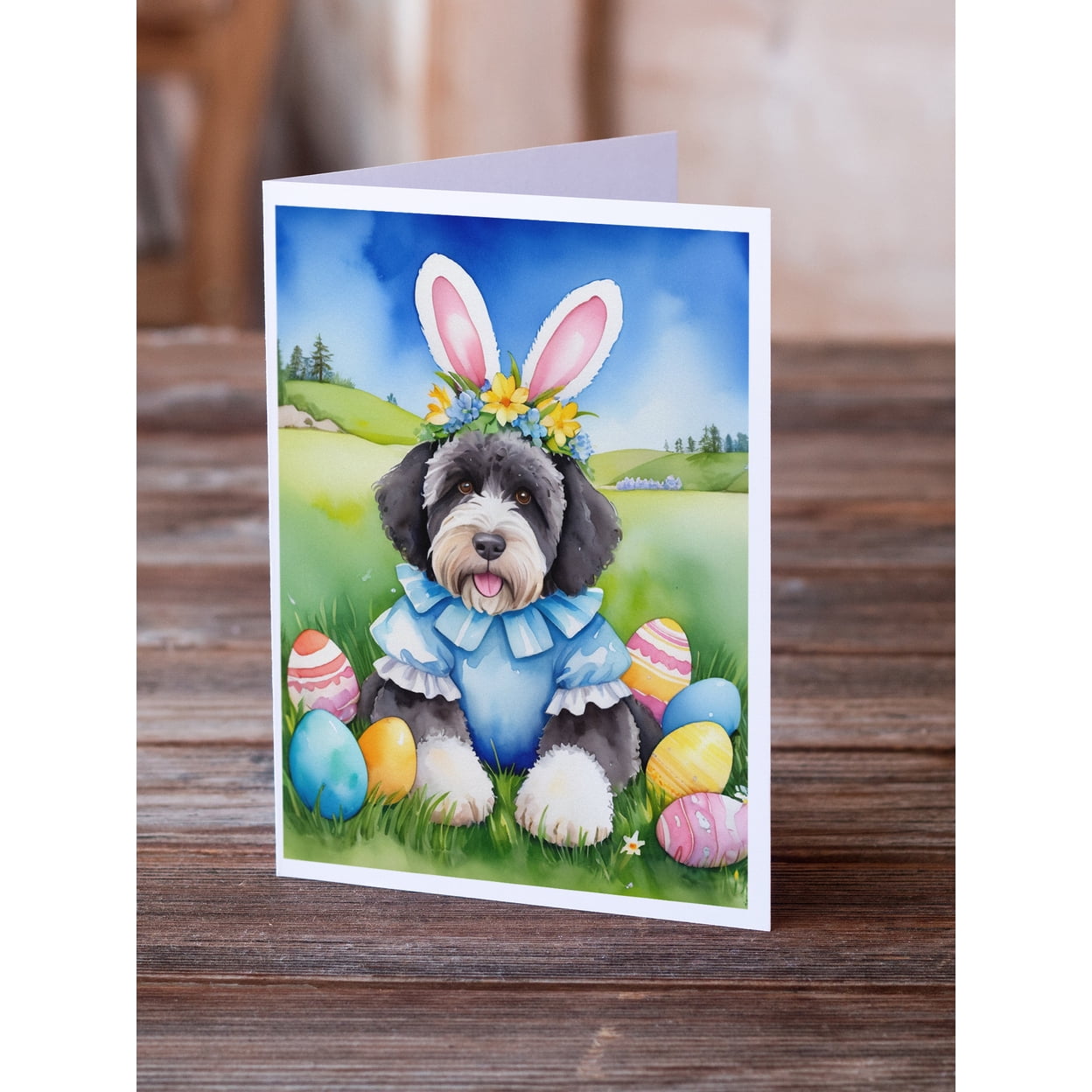 Portuguese Water Dog Easter Egg Hunt Greeting Cards Pack of 8 7 in x 5 in