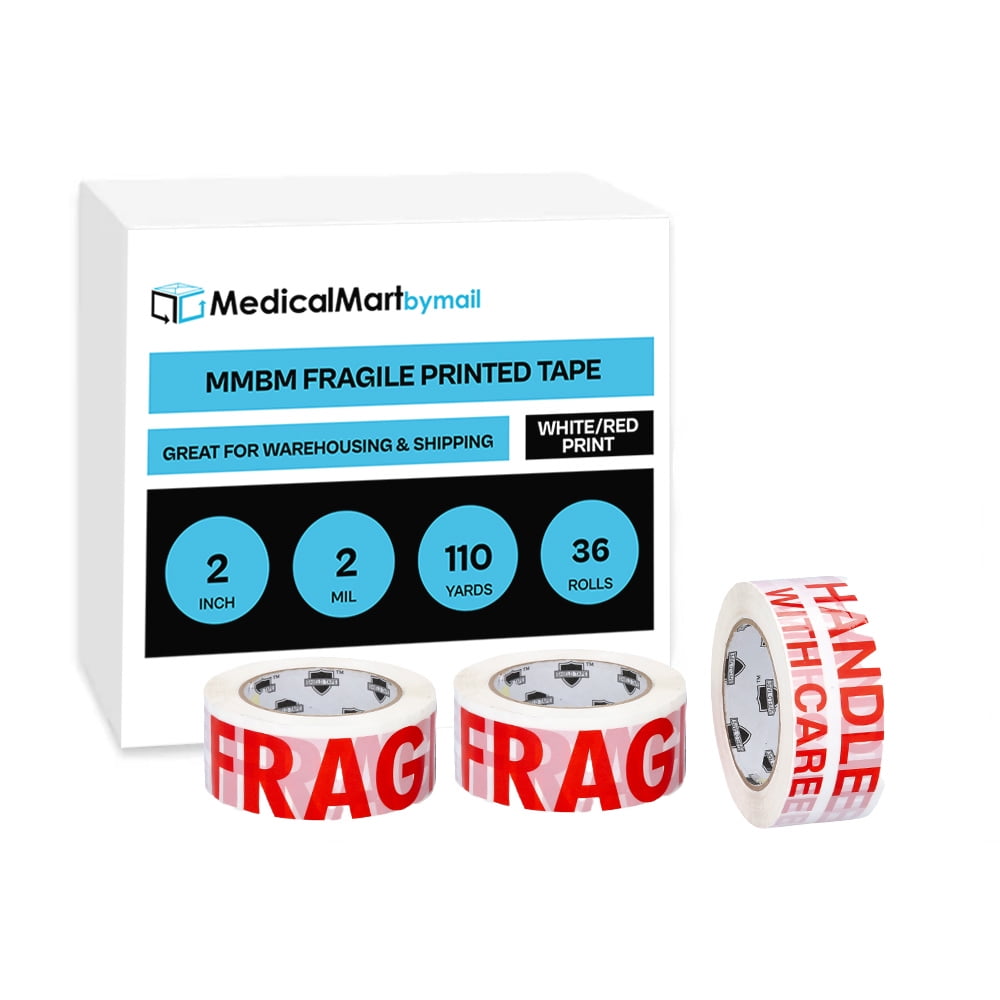 MMBM Fragile Printed Handle Packaging Tape, 36 Rolls, 1.88 Inch x 110 Yards