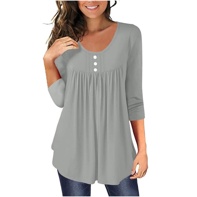 Yuyuzo Womens Tunic Tops Long Sleeve Button Scoop Neck Pleated Irregular Pullover Lightweight Shirts