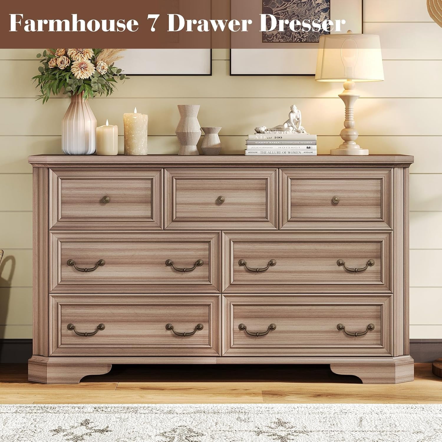 VANACC Farmhouse 54" Wide 7 Drawers Dresser for Bedroom, Wood Rustic Chest of Drawers, Closet, Hallway, Grey Walnut