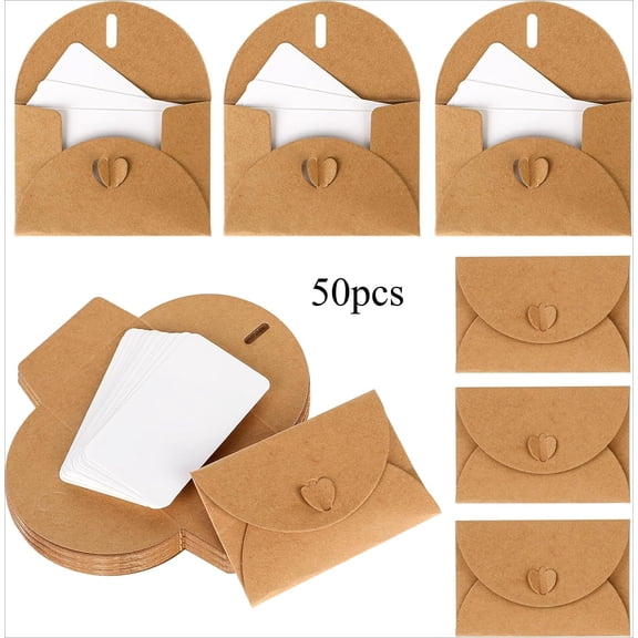 Mini Envelopes with Blank Cards 4.1 x 2.8 inch Kraft Paper Gift Card Holders Cute Tiny Envelopes with Heart Clasp for Gift Cards, Wedding Party Favors, Greeting Cards Mailing, Business Cards