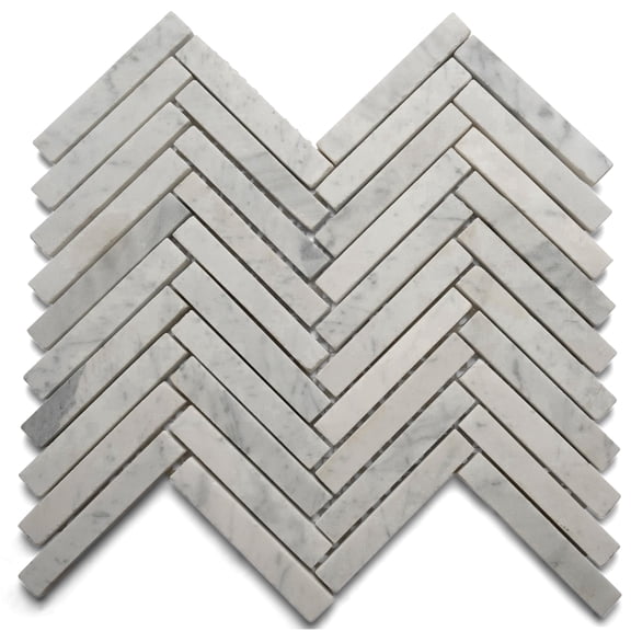 CNK Tile Carrara Small Chevron Mosaic Tile, 12" x 12" Polished River Stone Backsplash
