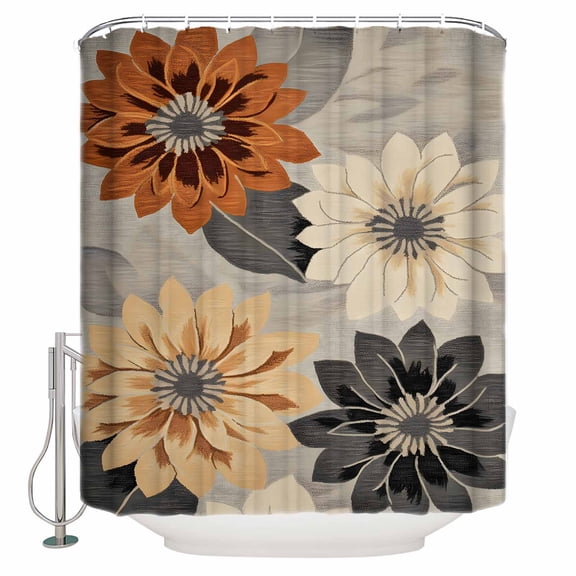 72x78 Inch Shower Curtain Burnt Orange Grey Black Flower Bathroom Decor Waterproof Fabric Bathtub Bath Curtains Decorative Spring Floral Botanical Extra Long Shower Curtain Set with Hooks