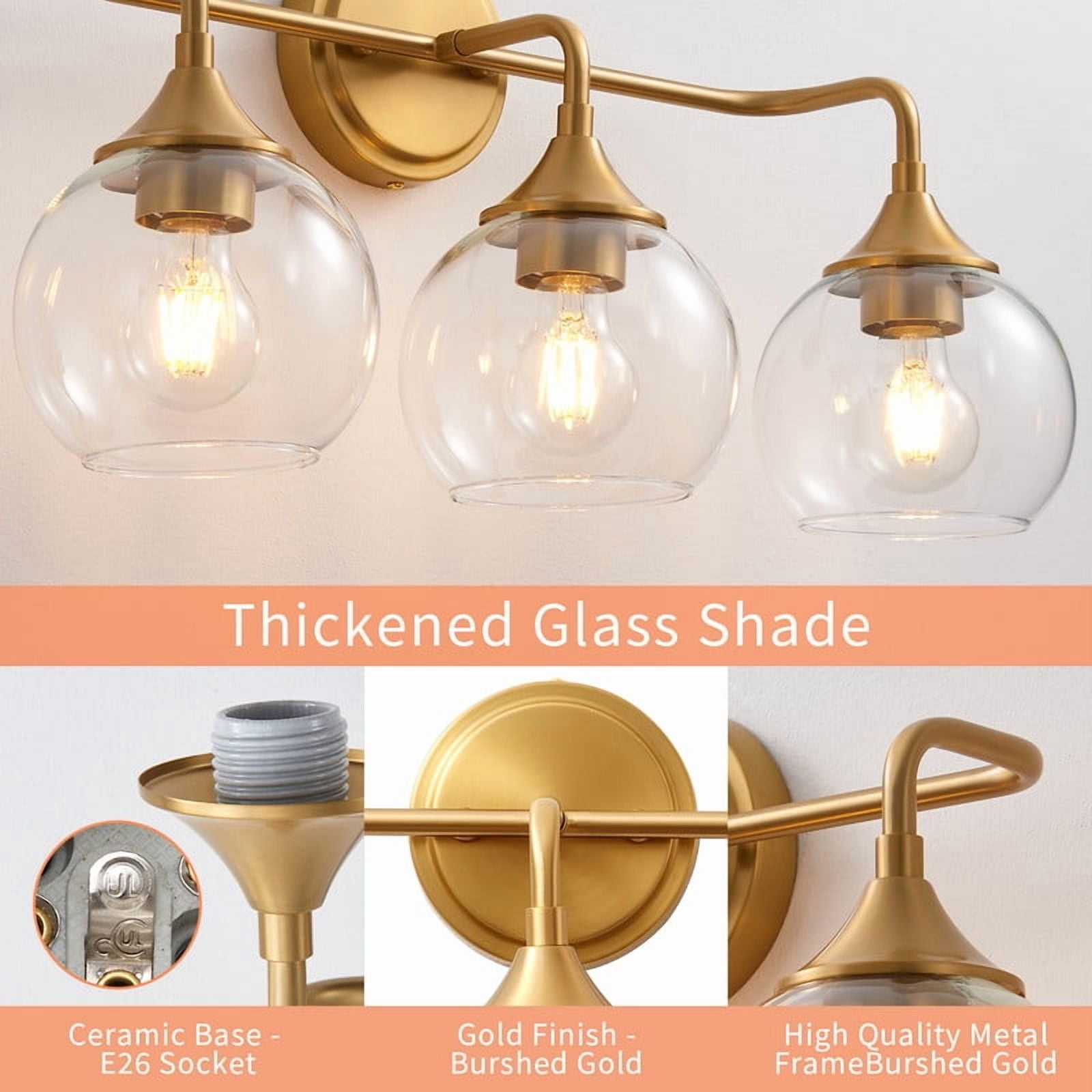Bathroom Light Fixtures 3 Light Bathroom Vanity Light with Clear Glass Shade, 22 inch Bathroom Light Fixtures Over Mirror, Black and Gold Vanity Lights for Bathroom (Exclude E26 Bulb)