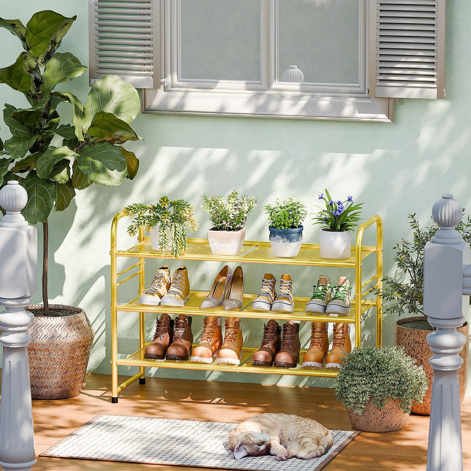 SUFAUY 3-Tier 33" Wide Shoes Rack Stackable, Metal Mesh, Gold