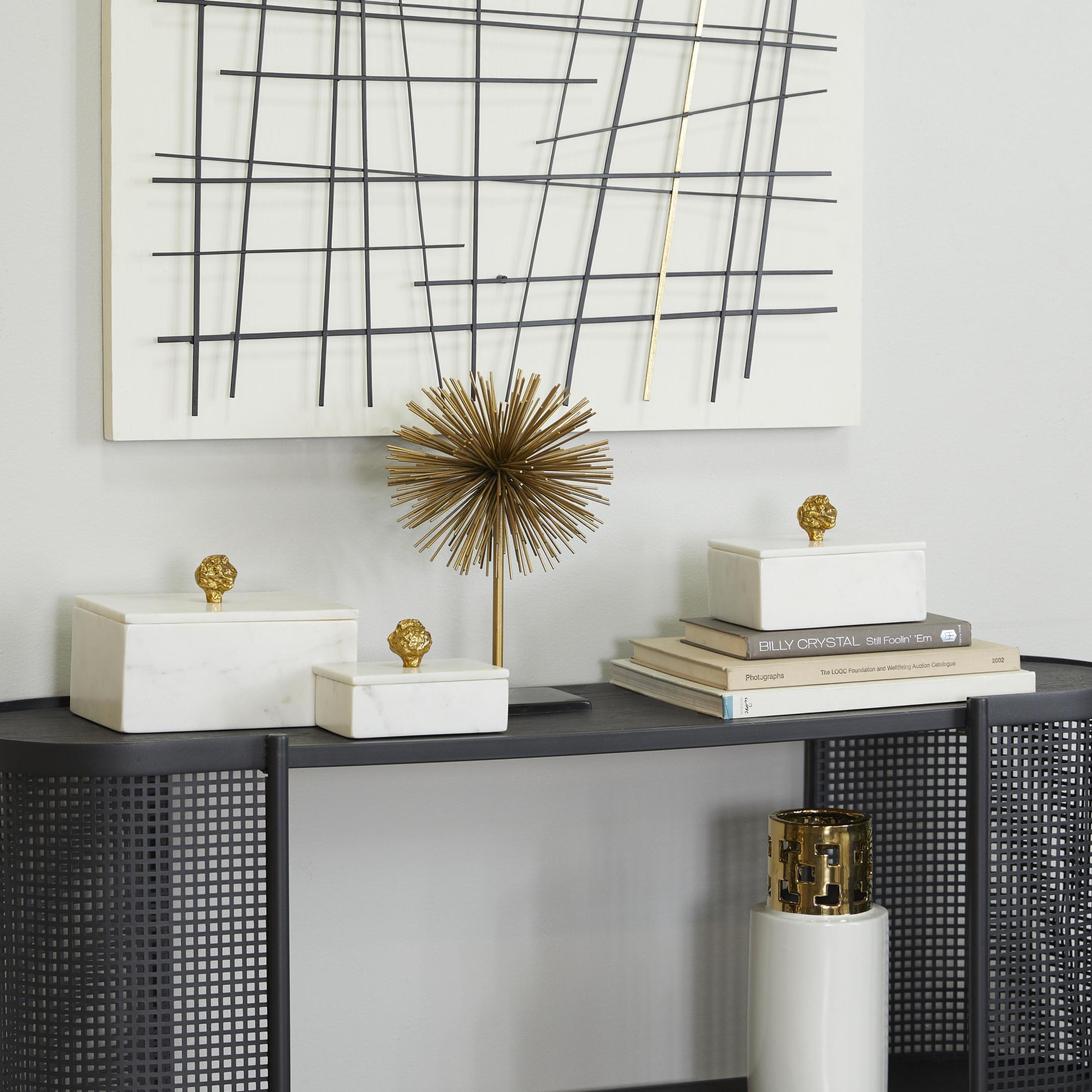 DecMode White Marble Decorative Box with Gold Finial, 3 Count