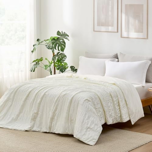 Seersucker Cooling Comforter Twin Size, Q-Max>0.45 Reversible Lightweight Cooling Blanket, Breathable Silk Smooth Summer Bedding Quilt for Hot Sleepers Night Sweats Cream White