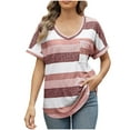 thumbnail image 3 of SROBPTY Womens Tops Plus Size, Summer Shirts for Women, Womens Loose Casual Striped Contrasting Color Pullover Short Sleeve Top with Pocket Coffee XXL, 3 of 5
