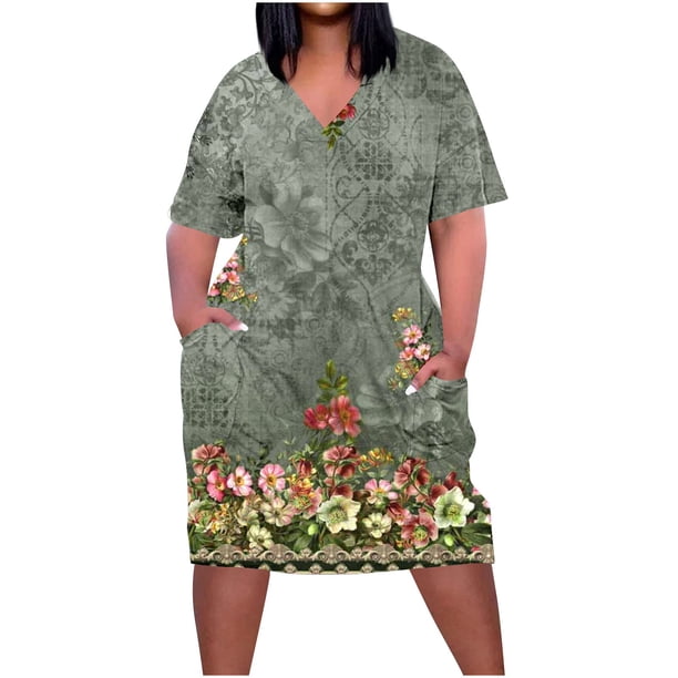 Vestido Corto de Verano Moda Grande Impresión de Manga Corta Cuello en V Bolsillo Mini Vestido para Casual Y Diario