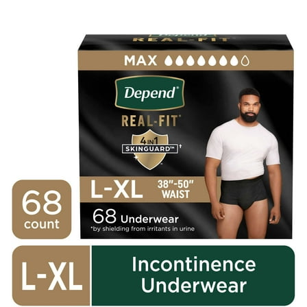 Depend Real Fit Incontinence Underwear for Men, Adult Diapers, L/XL, Black, 68 Count