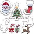 thumbnail image 1 of Christmas Cookie Cutter Set 6 Piece Christmas Tree with Star, Santa Face, Gingerbread Man, Reindeer, Candy Cane with Bow and Stocking Biscuit Fondant Sandwich Cutters Stainless Steel - -, 1 of 9