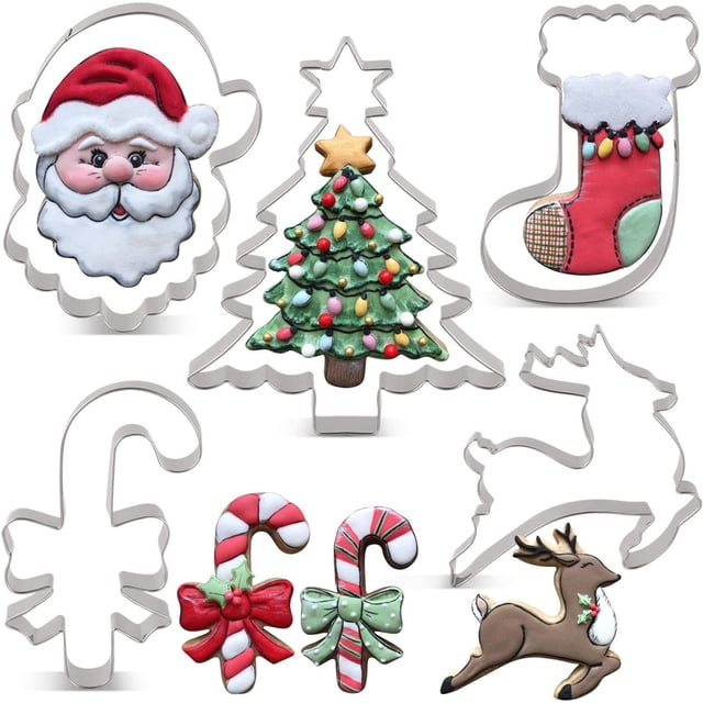 Christmas Cookie Cutter Set 6 Piece Christmas Tree with Star, Santa Face, Gingerbread Man, Reindeer, Candy Cane with Bow and Stocking Biscuit Fondant Sandwich Cutters Stainless Steel - -