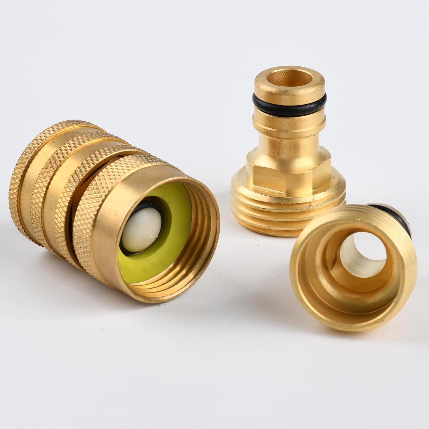 MKEUDQ-Brass Quick Connect Coupling Set with 3/4" GHT Thread, 1 Female Coupling + 2 Tool Adaptors, Solid Brass Water Hose Quick Connect Fittings, Easy Connect & Disconnect, Leak-Resistant Garden Hose
