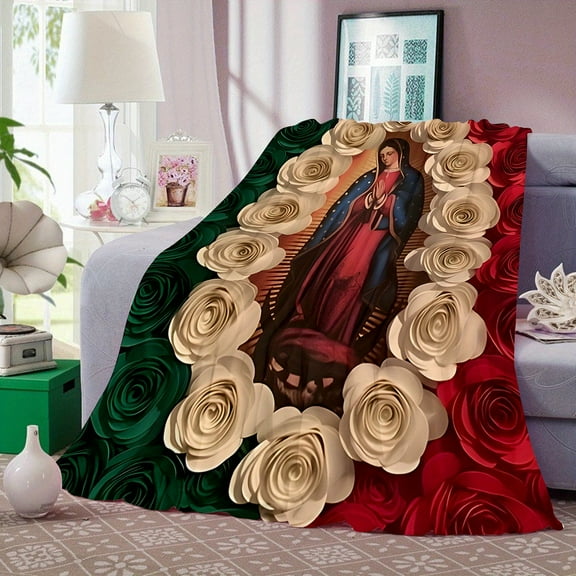 Virgin Mary Rose Blanket - Soft Flannel Throw with Our Lady of Guadalupe Design, Green & Red Roses, Perfect for Sofa, Bed, Car, Office, Camping, Travel - All-Season Gift