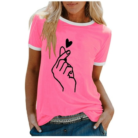 

Plus Size Women s Fashion Casual Printing O-Neck Loose Short Sleeve T-shirt Pullover Tops Maternity Blouses Pink M