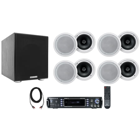 Rockville RPA60BT Home Theater Receiver Amp+(8) 8 White Ceiling Speakers+Sub