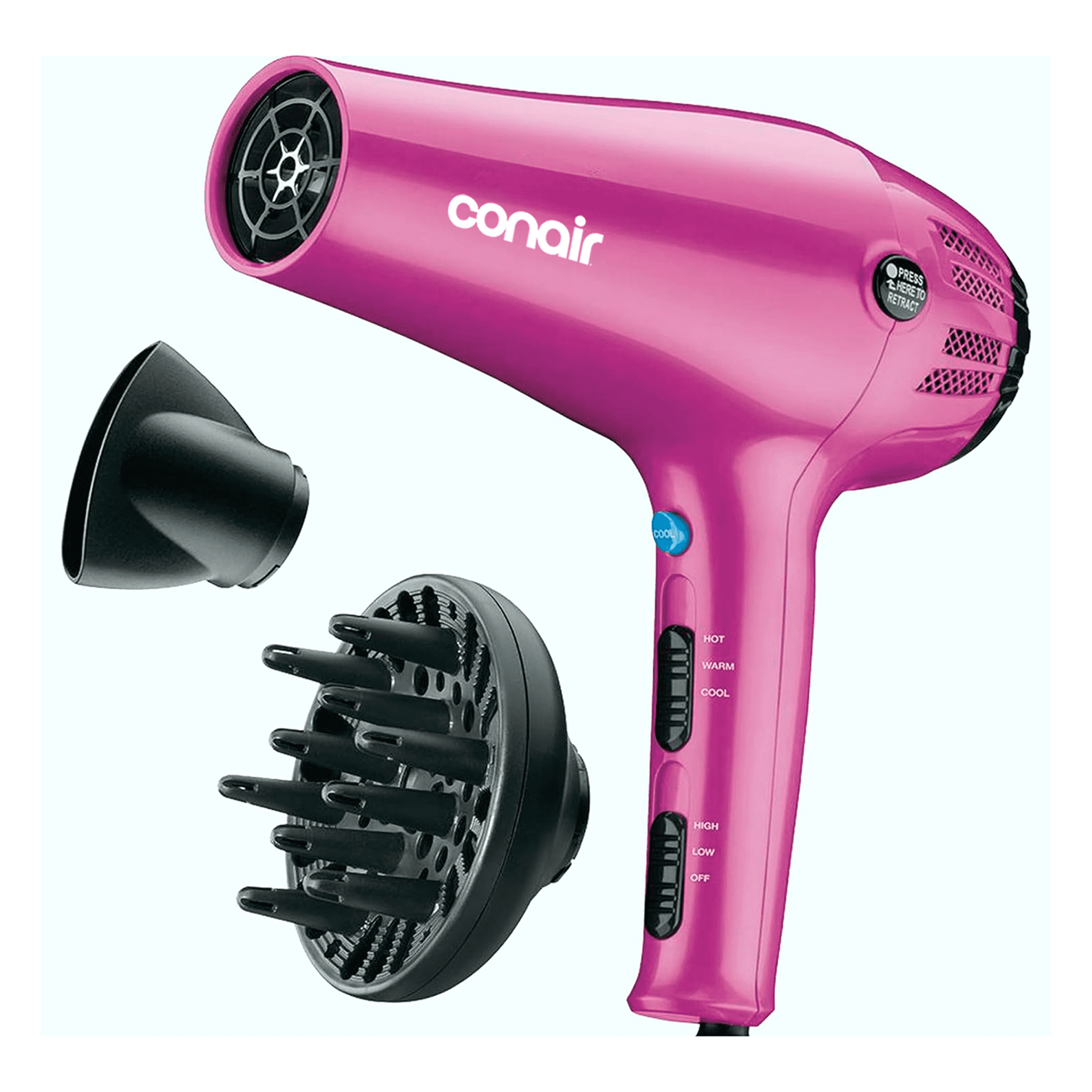 Conair Ionic Ceramic Cord-Keeper Hair Dryer, Retractable Cord, Diffuser and Concentrator