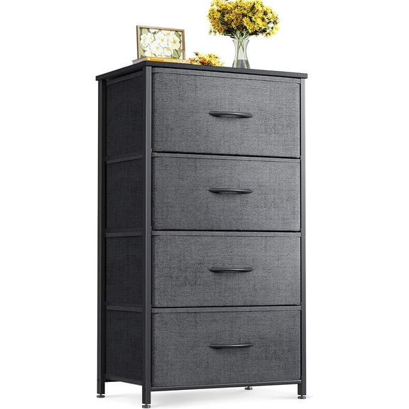 Dresser for Bedroom with 4 Storage Drawers, Small Dresser Chest of Fabric Drawers with Sturdy Steel Frame, Wood Top, Dark Grey