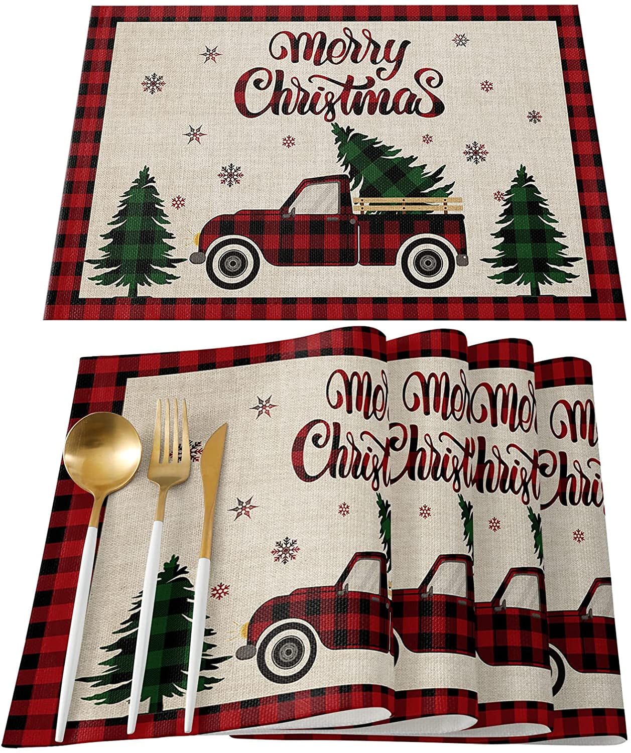 Placemats Set Of 6 Heatresistant Placemat For Dining Table Christmas Elk Snowflake Red Buffalo