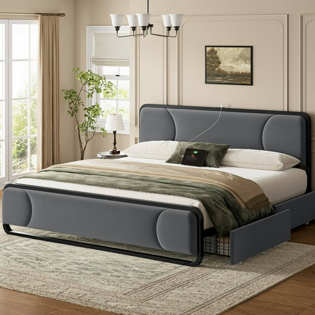 GUNAITO King Bed Frame with 2 Storage Drawers, Platform Bed with Velvet Upholstered Headboard, Modern Bed Frame with Charging Station & USB Port, Beige