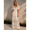 thumbnail image 3 of Women Elegant Lace Chiffon Maxi Dress, V Neck Short Sleeve Solid Boho Dress, 3 of 4
