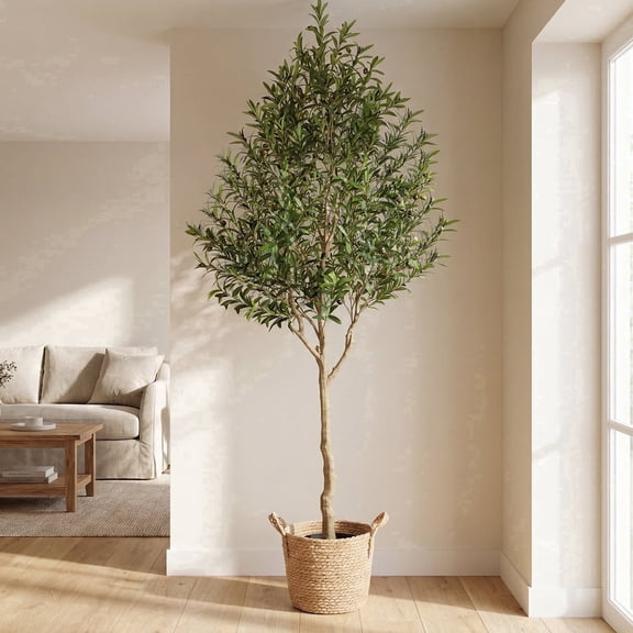 ROMSWI 8FT Artificial Olive Tree Tall in Black Plastic Pot with Lifelike Fruits Faux Olive Tree For Home House Office Decor Indoor